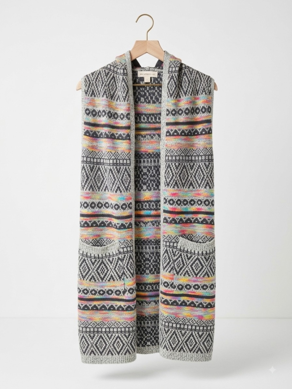 Monteau Hooded Long Knit Vest in Gray with Multicolor Accents